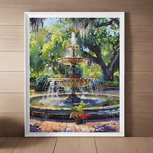 May include: A three-tiered fountain with a golden finish sits in a lush green garden setting. The fountain is surrounded by a circular pool of water with a brick walkway leading to it.