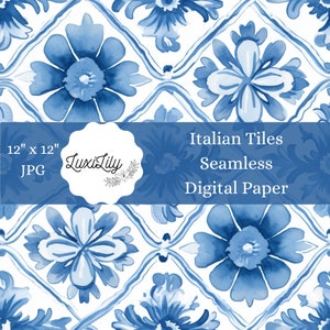 Seamless Italian Tile Digital Paper Blue & White Mediterranean Tiles Scrapbooking Pages Tile Pattern Backgrounds Digital Crafts Invitations