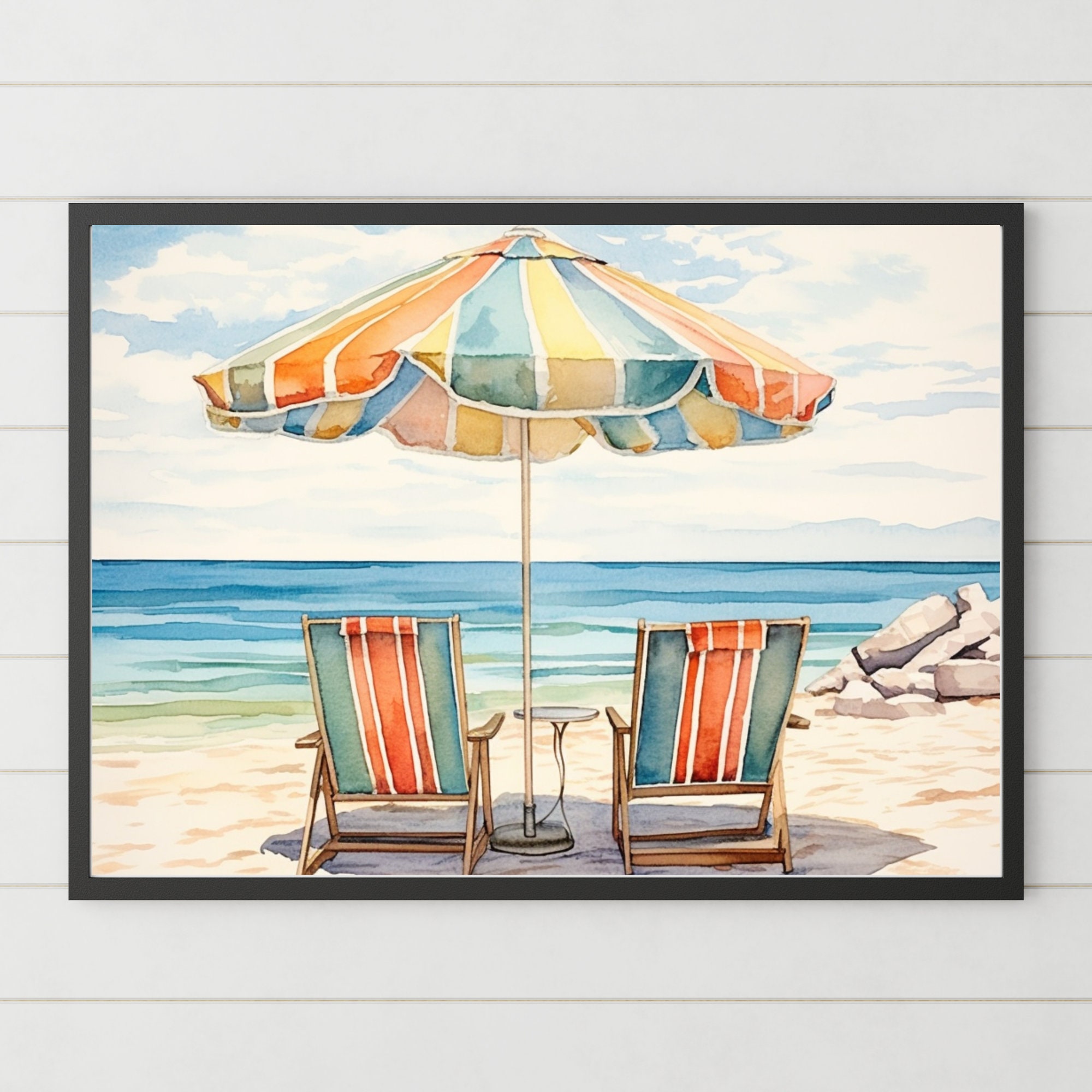 Beach Umbrellas Watercolor Print: Coastal Beach House Art (Digital Download