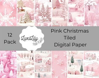Seamless Pink Christmas Digital Paper, Pastel Christmas Ephemera, Fantasy Noel Xmas Pages, Card Making, Scrapbooking, Download Junk Journal