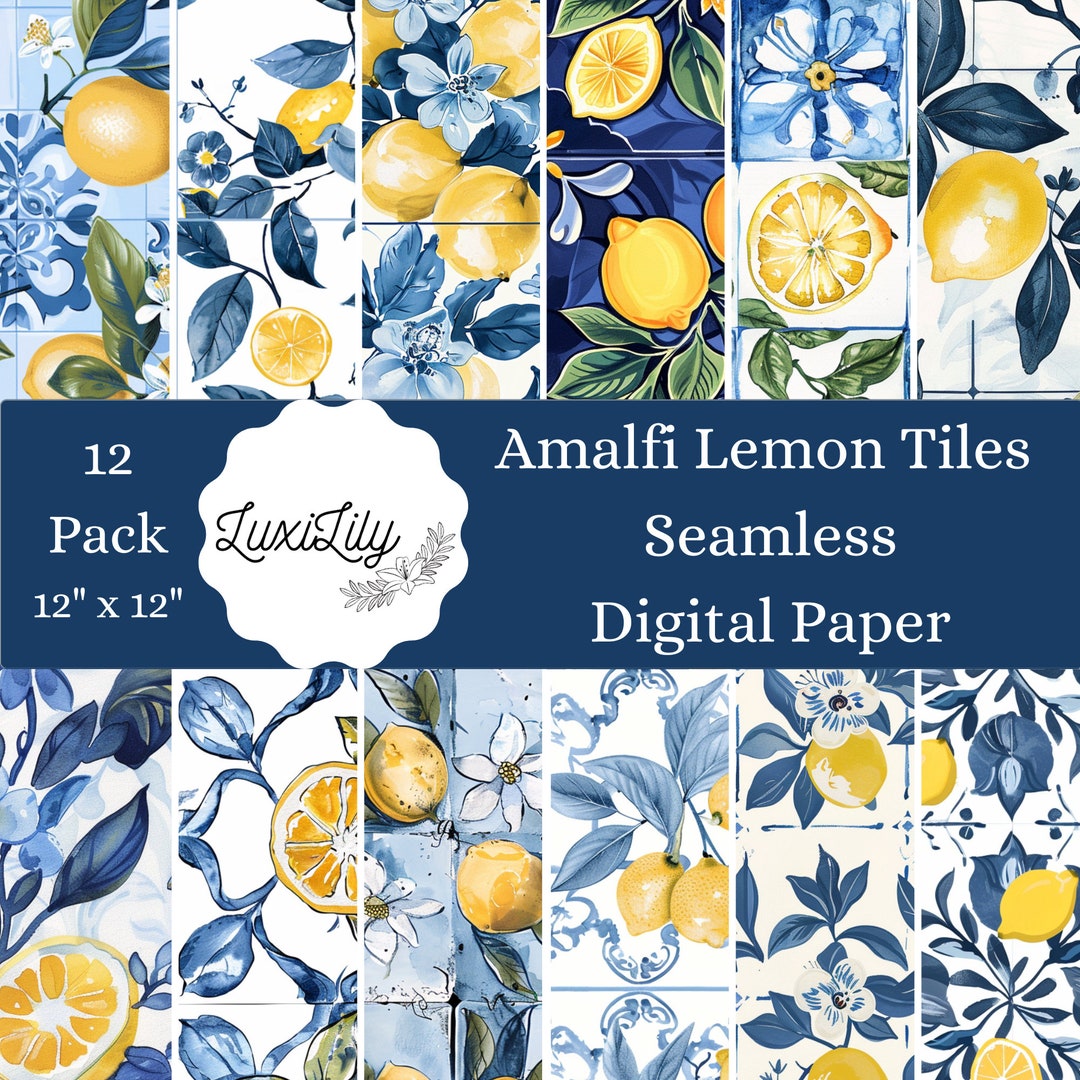Amalfi Lemon Tile Digital Paper Pack: Watercolor Mediterranean Patterns ...