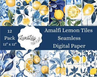Amalfi Lemon Tile Digital Paper Pack: Watercolor Mediterranean Patterns (Digital Download)