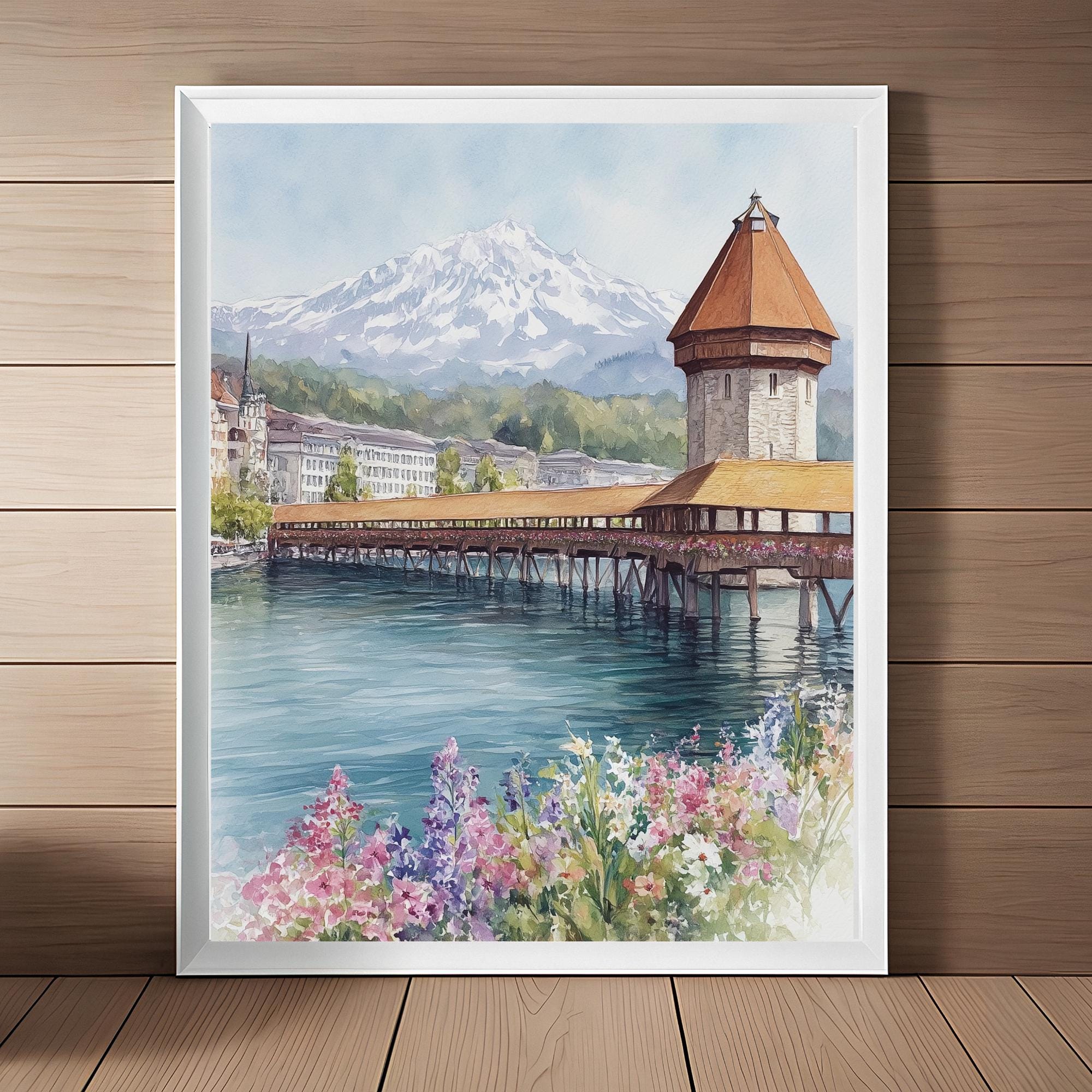 スイスのカペル橋の水彩画アートプリント：ルツェルン湖の旅行ポスター