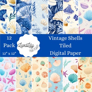 Vintage shells digital paper, beach vacation scrapbook paper, seashells wallpaper seamless chinoiserie pattern blue toile de jouy background