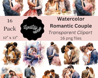 May include: A set of watercolour illustrations depicting romantic couples in tender embraces. The images are labelled "Watercolor Romantic Couple Transparent Clipart" and include 16 PNG files. The pack size is 30.48 cm x 30.48 cm.