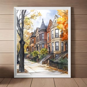 Lincoln Park Brownstone Aquarell Druck: Chicago Straßenbild (Digitaler Download