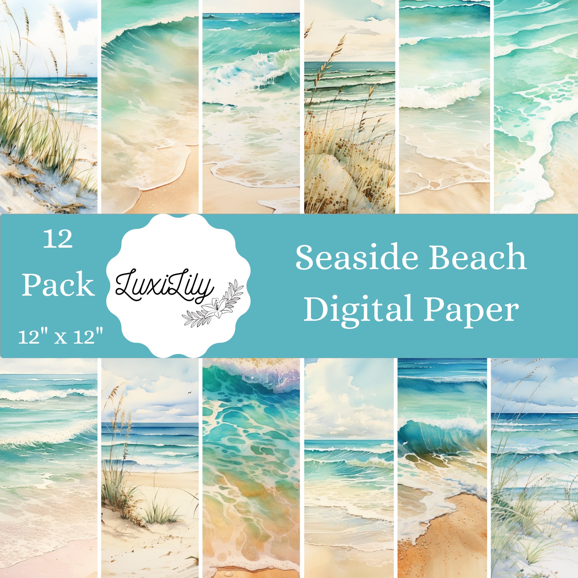 Watercolor Beach Digital Paper: Seaside Scrapbook Backgrounds (Digital Download)