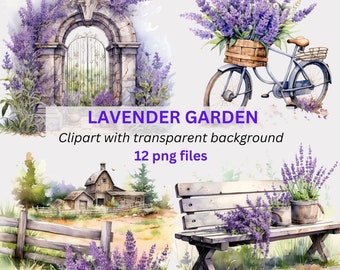 Watercolor Lavender Garden Clipart Bundle, Provence Floral Spring PNG, Watercolor Spring Clipart, Botanical Clip Art Crafts mixed media