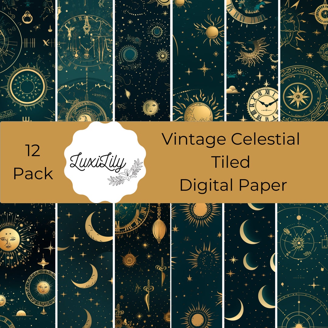 Vintage Celestial Digital Paper: Gold & Teal Galaxy, Zodiac (digital ...