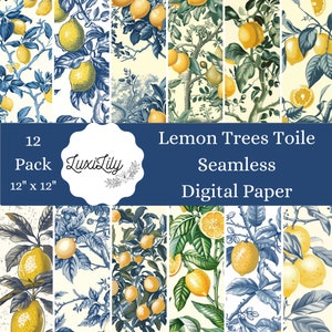 Carta digitale Toile Limoni Vintage, Toile de Jouy Limoni, Pagine di scrapbooking Limoni Retro, Sfondi, Artigianato digitale, Biglietti fai da te