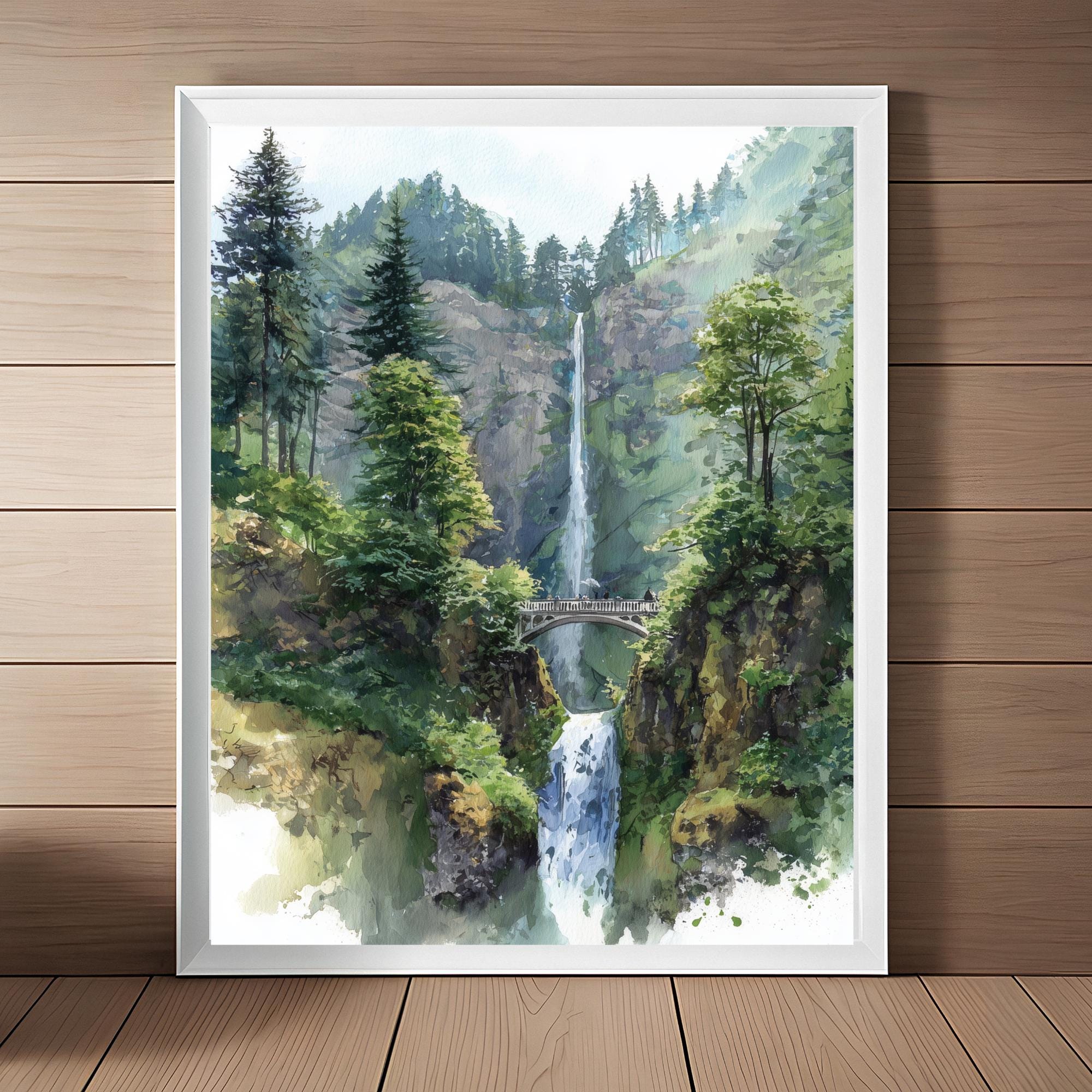 Multnomah Falls Watercolor Painting, Oregon Wall Art Print, Pacific Northwest Art Gift, Alpine Landscape Wall Art, Travel Art Download