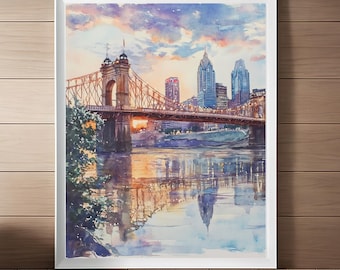 Cincinnati Cityscape Watercolor Art Print: Ohio Wall Decor (Digital Download)