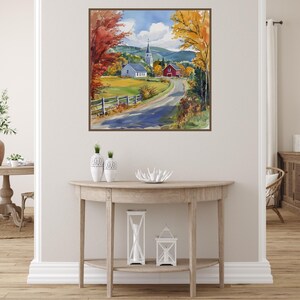 May include: A watercolor painting of a country road leading to a white church with a red barn in the distance. The road is lined with trees in autumn colors, including red, yellow, and orange.