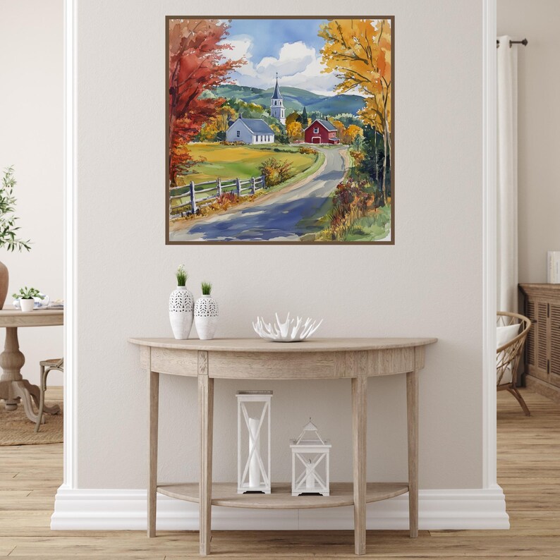 May include: A watercolor painting of a country road leading to a white church with a red barn in the distance. The road is lined with trees in autumn colors, including red, yellow, and orange.