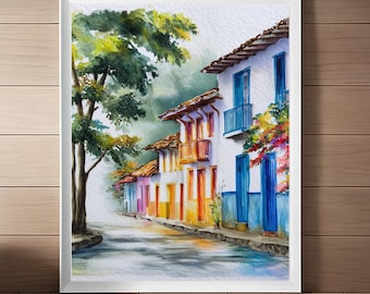 Lámina artística en acuarela de Salento, Colombia: Paisaje urbano colombiano lleno de color, regalo artístico para viajeros (descarga digital).