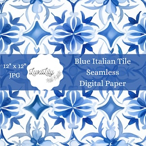 Blue Italian Tile Digital Paper Watercolor Mediterranean Seamless Tiles Scrapbook Pages Tile Pattern Backgrounds Digital Crafts Download