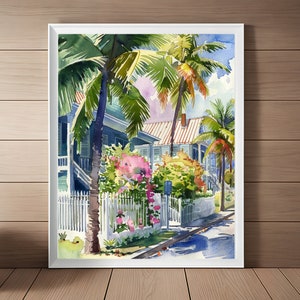May include: Watercolor painting of a tropical scene with two palm trees, a white picket fence, and colorful houses. The houses are painted in shades of blue and green, and the palm trees have lush green leaves. The scene is set against a bright blue sky with white clouds.