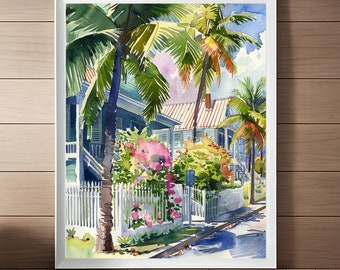 Key West Painting, Florida Keys Watercolor Art Print, Coastal Print, Beach Wall Art, Florida Travel Art Printable Download