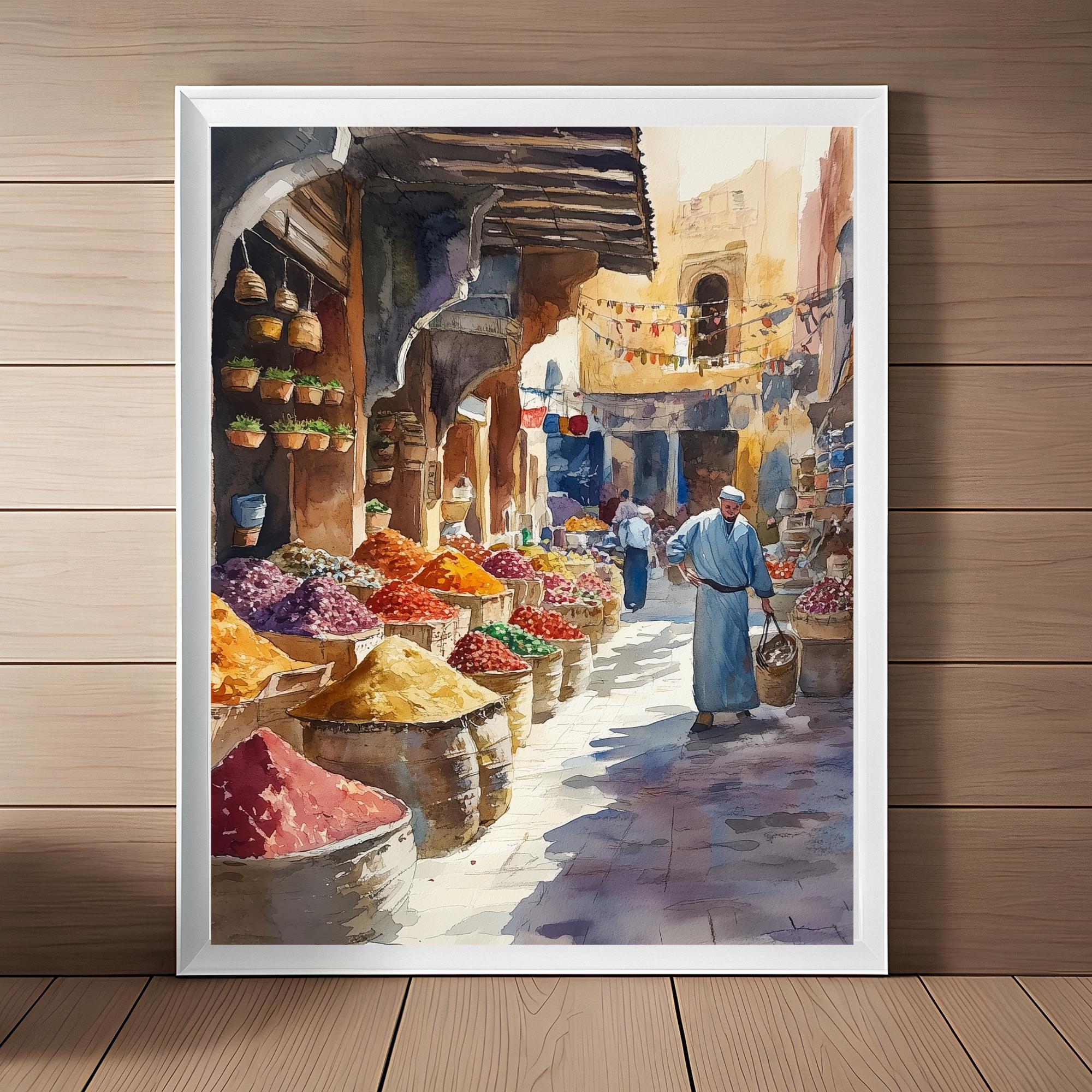 Moroccan Spice Market Watercolor Art Print: Fez Travel Scene