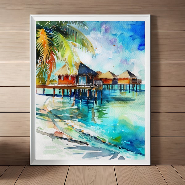 Maldives Painting Island Watercolor Art Print, Tropical Wall Art, Seascape Art, Palm Trees Artwork, Coastal Beach Print Printable Download