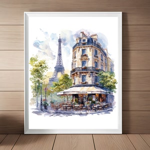 Paris Painting Parisian Cafe Watercolor Art Print Eiffel Tower Scene France Cityscape Wall Art France Travel Art Gift Printable Download