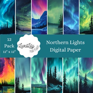 Nordlichter Digitales Papier Pack Aurora Borealis Hintergrund Nordischen Winter Scrapbooking Papier Instant Download Karten Verzauberten Wald Papier