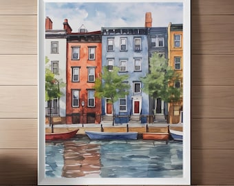 Baltimore Watercolor Art Print: Maryland Row Houses Cityscape (Digital Download)
