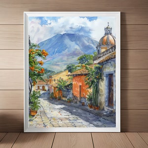 Guatemala Painting, Antigua Art Print, Spanish Colonial Wall Art, Watercolor Streetscape Guatemala Volcano Travel Art Instant Download