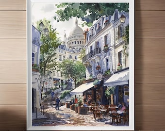 Montmartre Paris Watercolor Print: French Cafe Scene (Digital Download)