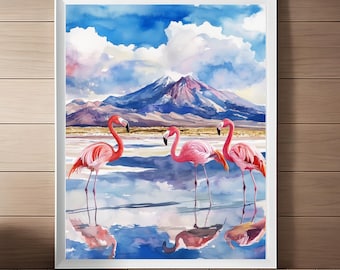 Salar de Uyuni Watercolor Print: Bolivia Salt Flats, Pink Flamingos (Digital Download)