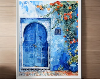 Blue Door Morocco Art Print: Marrakesh Watercolor Painting (Digital Download