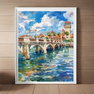 Saint Augustine Bay Malerei, Florida Aquarell Druck, Brücke der Löwen Kunst, Nordostflorida Reisekunst, Reisegeschenk, printable Download