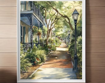 May include: A watercolor painting of a street lined with houses, trees, and lampposts. The houses are painted in a light blue and white color scheme, and the trees are a lush green. The lampposts are black and have a traditional design. The street is paved with brick and is lined with green grass and flowers.