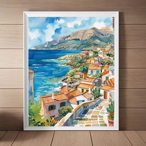 Crete Painting, Greek Watercolor Seascape Print, Greece Wall Art, Island Travel Art, Mediterranean Travel Gift, Printable Instant Download