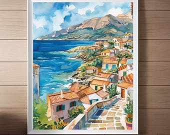 Crete Seascape Watercolor Print: Greek Island Travel Art (Digital Download)