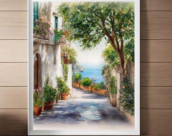 Aquarelle de Capri, Italie : Affiche de voyage sur la Riviera italienne (Téléchargement numérique)