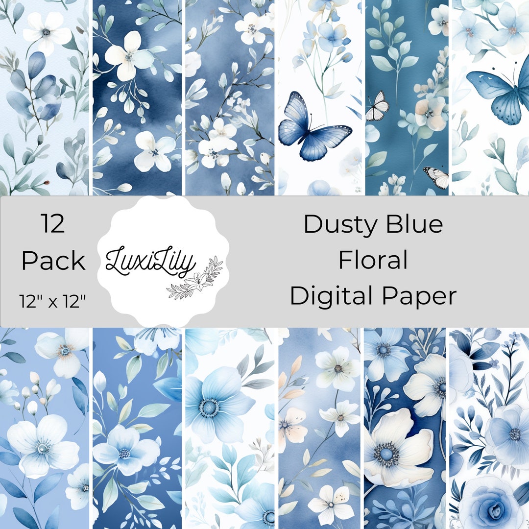 Dusty Blue Floral Watercolor Paper: 12