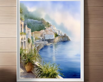 Impression d'art aquarelle Amalfi Italie : oeuvre d'art de la côte amalfitaine, art mural italien (téléchargement numérique)