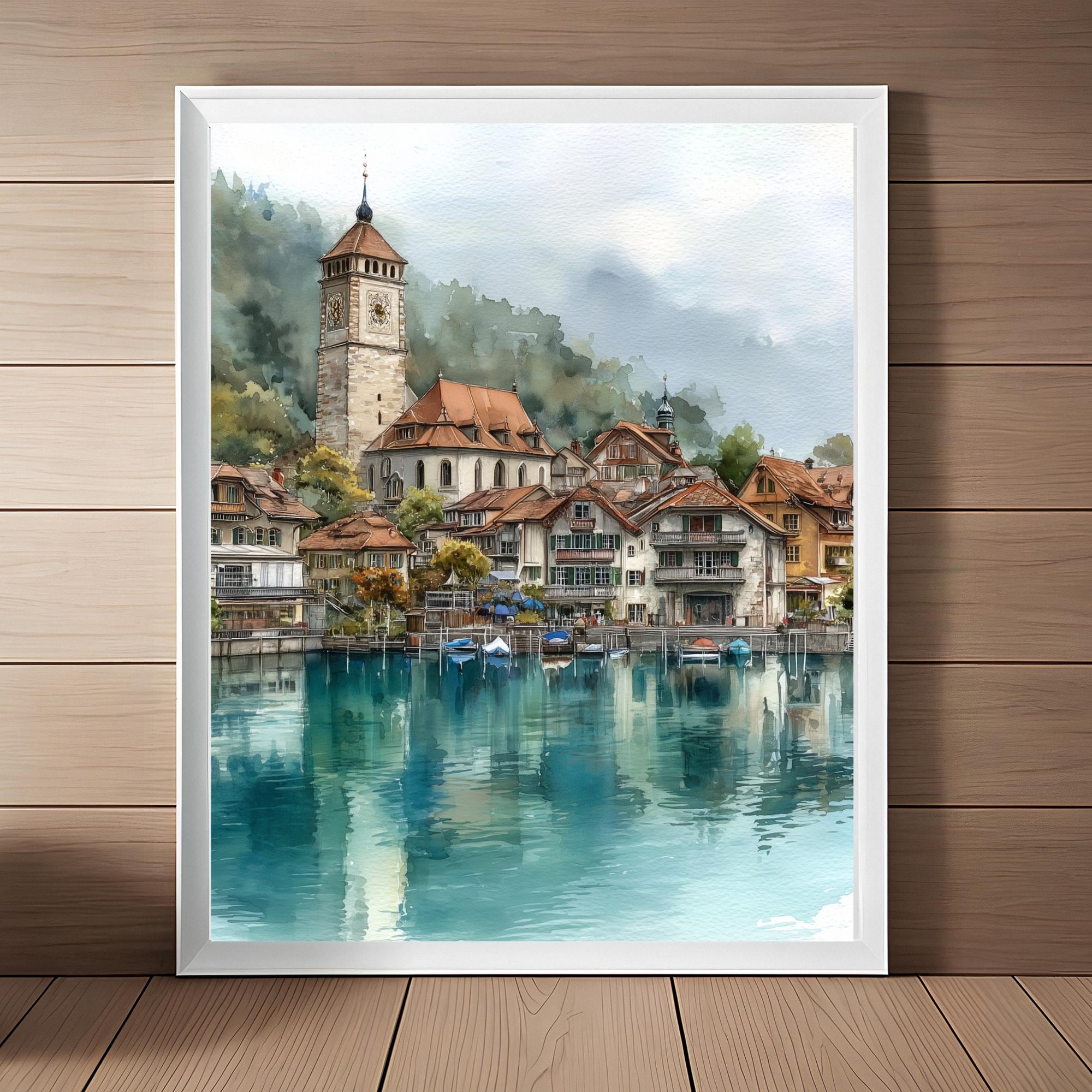 Lake Brienz Watercolor Print: Swiss Alps Travel Poster