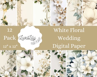 White Floral Wedding Digital Paper Pack Spring Wedding Scrapbook Paper background for journaling Flowers digital download Floral Borders
