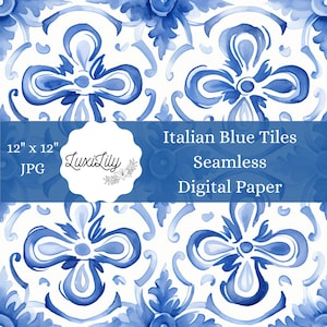 Italian Tile Watercolor Digital Paper Blue Mediterranean Seamless Scrapbook Pages Tile Pattern Backgrounds Digital Crafts Instant Download
