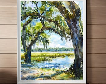 Charleston Oak Trees Watercolor Print: South Carolina Landscape Art (Digital Download)