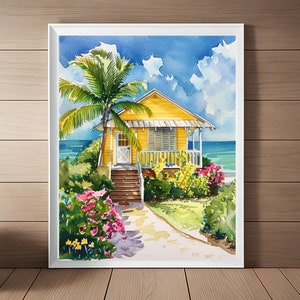 Yellow Key West Cottage Art Print, Florida Keys Watercolor Painting, Seascape Print, Beach Wall Art, Florida Travel Art Instant Download
