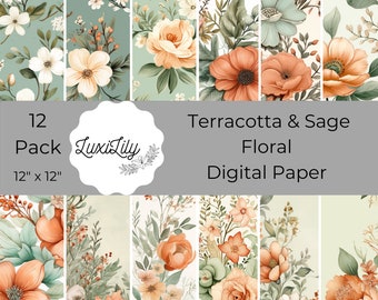 Terracotta Sage Floral Digital Paper: Wedding Scrapbook Background (Digital Download)