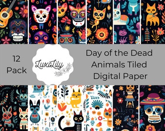 Sömlöst digitalt papperspaket med djur från de dödas dag, Alebrijes, Dia de los Muertos-mönster, mexikansk sockerskallebakgrund, scrapbookingpapper