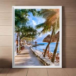 May include: A framed wall art print depicting a tropical beach scene with a stone walkway, palm trees, and thatched-roof umbrellas. String lights hang above the path, illuminating the area near the blue ocean under a bright, sunny sky.