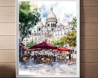 Lámina artística en acuarela de París: Basílica del Sacré-Cœur en Montmartre (Descarga digital)