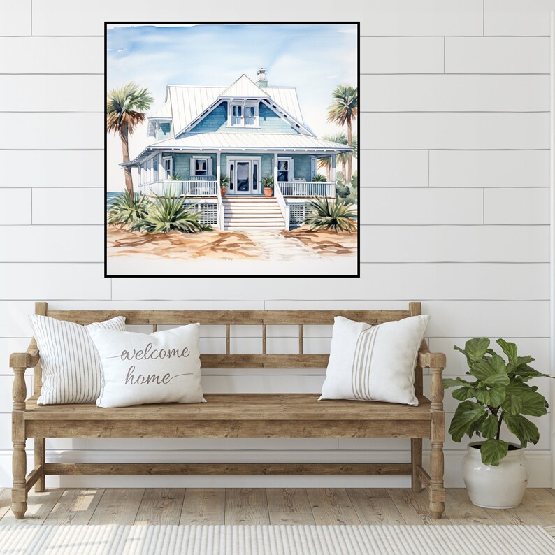 Beach House Art Print, Coastal Farm House With Large Porch Watercolor
