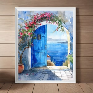 Santorini Door Painting Greek Art Print Greece Blue Door Wall Art Watercolor Painting Greece Travel Art Printable Instant Download