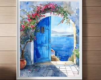 Santorini Blue Door Watercolor Print: Greek Island Travel Art (Digital Download)